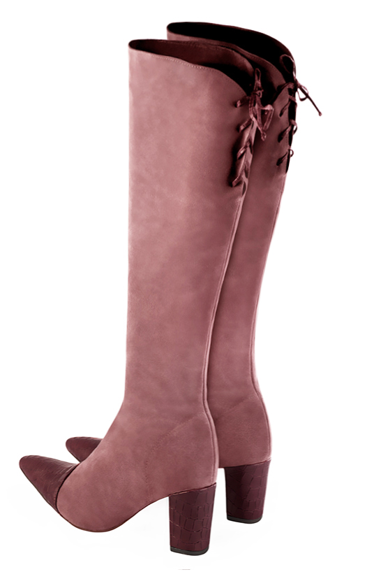 Burgundy red and dusty rose pink women's knee-high boots, with laces at the back. Tapered toe. High block heels. Made to measure. Rear view - Florence KOOIJMAN